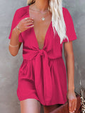 Solid V-Neck Tie Loose Short Sleeve Jumpsuit