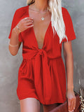 Solid V-Neck Tie Loose Short Sleeve Jumpsuit