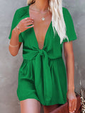 Solid V-Neck Tie Loose Short Sleeve Jumpsuit