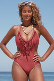 lovefery Tassel Halter Neck Cutout One Piece Swimsuits