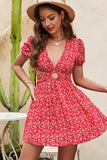 Lovefery Cute Floral Print O Design V Neck Mini Dress