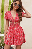 Lovefery Cute Floral Print O Design V Neck Mini Dress