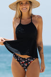 lovefery Floral Print Halter Neck Ruffle Hem Cute Tankini Set