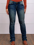 lovefery Button Side Split Embroidery Patch Pocket Bootcut Jeans