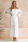 Lovefery Three-Quarter Sleeve Floor-Length Pleated Off Shoulder Expansion Women's Dress