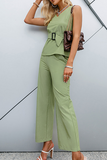 Solid With Belt V Neck Sleeveless Two Pieces