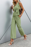 Solid With Belt V Neck Sleeveless Two Pieces