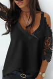 Lovefery Solid Lace Split Joint V Neck Tops