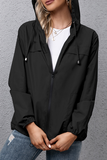 Solid Draw String Zipper Hooded Collar Outerwear