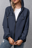 Solid Draw String Zipper Hooded Collar Outerwear