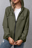 Solid Draw String Zipper Hooded Collar Outerwear