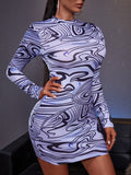 Tie-Dye Printed Long Sleeve Fitted Dress