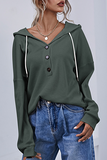 Solid Draw String Buttons Hooded Collar Tops