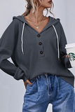 Solid Draw String Buttons Hooded Collar Tops