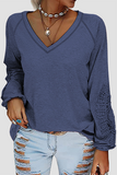 Solid Lace Split Joint V Neck T-Shirts