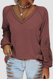 Solid Lace Split Joint V Neck T-Shirts