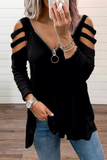 Solid Hollowed Out Zipper V Neck Tops