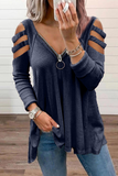 Solid Hollowed Out Zipper V Neck Tops