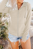 Solid Draw String Pocket Zipper Hooded Collar Tops