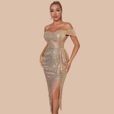 Lovefery Athena Off Shoulder Gold Sequin Dress