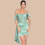 Lovefery Delphi Off Shoulder Satin Dress