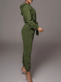 Zippered Hooded Belt Long Sleeve Cargo Jumpsuit