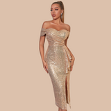 Lovefery Athena Off Shoulder Gold Sequin Dress