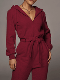 Zippered Hooded Belt Long Sleeve Cargo Jumpsuit