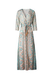 V-Neck Print Three-Quarter Sleeve Floor-Length Travel Look Women's Dress