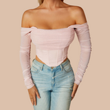 Colla Mesh Off Shoulder Long Sleeve Corset Top