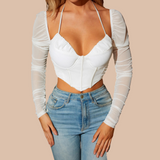 Helen Mesh Halter Long Sleeve Corset Top