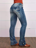 lovefery Button Side Split Embroidery Patch Pocket Bootcut Jeans