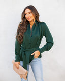 Under The Mistletoe Satin Button Down Tie Blouse