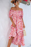 Lovefery Smocked Print Off The Shoulder Midi Dress