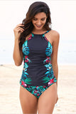 Lovefery Leaf & Flower Print Ruched Tankini Set