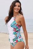 Lovefery Leaf & Flower Print Ruched Tankini Set