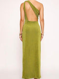 Lovefery Solid color slant shoulder hollow pleated open long dress