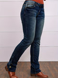 lovefery Button Side Split Embroidery Patch Pocket Bootcut Jeans