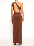 Lovefery Solid color slant shoulder hollow pleated open long dress