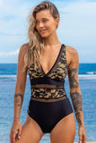 Lovefery Lace Patchwork V Neck One Piece Swimwear