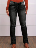 lovefery Button Side Split Embroidery Patch Pocket Bootcut Jeans