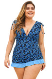 Lovefery Black Blue Grecian Skater Ruched Plus Size Tankini