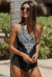 lovefery Black Boho Retro Print Halter T Back Handkerchief Tankini