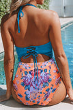 lovefery Blue Orange Floral Print Halter One-piece Swimsuit