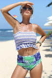 Lovefery Blue Printed Smocked Strapless 2 Piece High Waist Swimwear