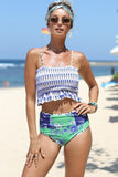 Lovefery Blue Printed Smocked Strapless 2 Piece High Waist Swimwear