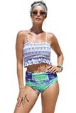 Lovefery Blue Printed Smocked Strapless 2 Piece High Waist Swimwear