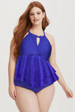 Lovefery Chic Blue Lace Surplice Peplum Plus Size One Piece Swimsuit