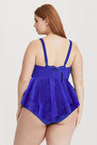 Lovefery Chic Blue Lace Surplice Peplum Plus Size One Piece Swimsuit