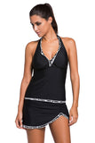 lovefery Contrast White Trim Black Halter Tankini Skort Swimsuit